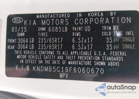 2015 Kia Sedona Lx z USA, uszkodzony, nr VIN KNDMB5C19F6060670